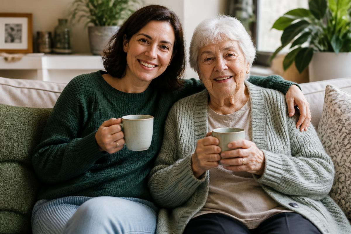 A friendly companion sharing tea and conversation with an elderly client at home